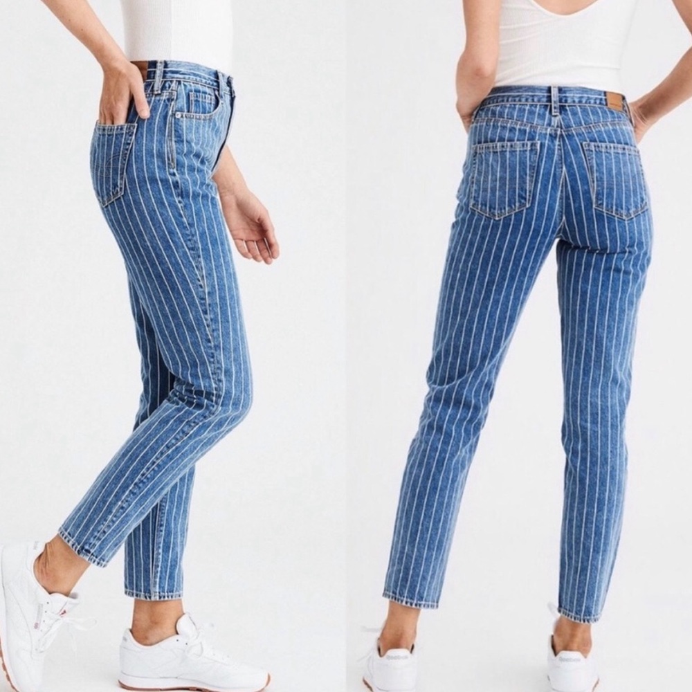 American Eagle Indigo Striped Hi Rise Mom Jean Size 8 Blue